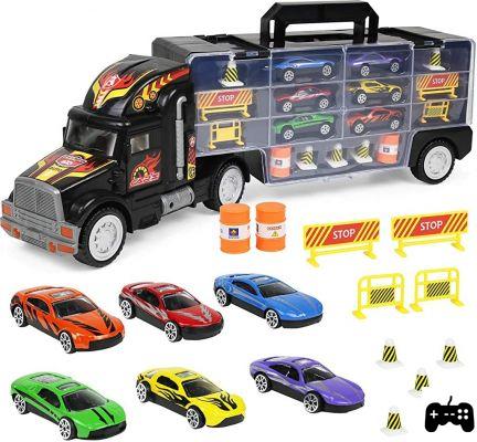 Coches de carrera y camiones transportadores de coches
