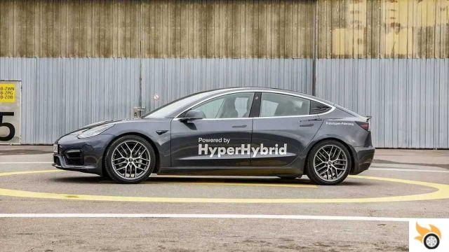 How is the hybrid Tesla Model 3 that consumes 2 liters per 100 km